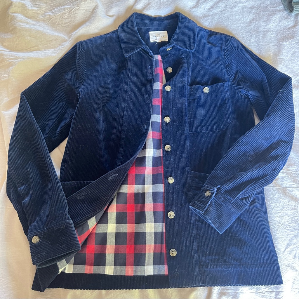 Sezane Navy Corduroy Chore Jacket Plaid Lining Xs